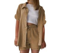 Generisch Set camicetta da donna in mussola estiva a maniche corte, elegante camicia e pantaloncini in lino, tinta unita, in cotone, per il tempo libero, Caffè B., M