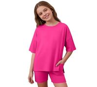 Generisch Set casual da 2 pezzi per ragazze, maglia larga con pantaloni da ciclismo, ideale per tutti i giorni, scuola e attività all'aperto, dai 5 ai 13 anni, rosa intenso, 5-6 Anni