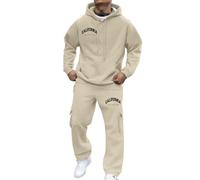 Generisch Set completo da allenamento da uomo blu, tuta da uomo con stampa, cappuccio, pullover comodo, abbigliamento da jogging, elegante set in due pezzi aderente, cavo di alimentazione, cachi, XXL