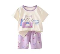 Generisch Set composto da maglia a maniche corte e pantaloncini, per il tempo libero, in cotone, per tutti i giorni, comodo look estivo per i giovani, Viola chiaro, 3-4 Anni