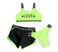 Generisch Set con stampa di lettere alla moda, costume da bagno in due pezzi per spiaggia e piscina, set da 3 pezzi con reggiseno sportivo, abbigliamento estivo da spiaggia per attività, verde, 6-7