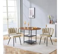 Generisch Set con tavolo da pranzo rotondo da 107 cm, effetto noce, con doppio livello di spazio + 2 sedie marrone chiaro con schienale a forma di fiore, salvaspazio, per 2 persone, piccoli