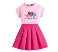 Generisch Set da 2 pezzi con gonna a maniche corte e motivo a cuore, per le piccole amanti della moda, rosa intenso, 11-12 anni