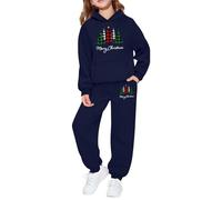 Generisch Set da 2 pezzi, maglietta a maniche lunghe con pantaloni da jogging, morbido tessuto in pile, stampa festiva per feste di famiglia, abbigliamento per il tempo libero, Blu scuro, 4-5 Jahre