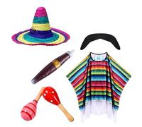 Generisch Set da 6 pezzi messicani da uomo con poncho messicano, per carnevale, feste a tema, poncho e sombrero, set per feste a tema, costume messicano