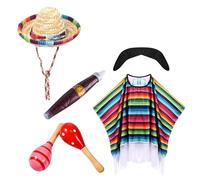 Generisch Set da 6 pezzi messicani da uomo con poncho messicano, per carnevale, feste a tema, poncho e sombrero, set per feste a tema, costume messicano