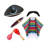 Generisch Set da 6 pezzi messicani da uomo con poncho messicano, per carnevale, feste a tema, poncho e sombrero, set per feste a tema, costume messicano