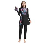 Generisch Set da donna a maniche lunghe con cappello e occhialini da nuoto, costume da bagno a due pezzi, ideale per il nuoto tutto l'anno nella vita di tutti i giorni, Nero , 3XL