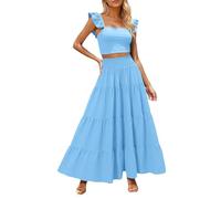Generisch Set da donna casual in due pezzi, con top camisole e gonna lunga, estivo, per il tempo libero, tropicale, vacanze, spiaggia, 2 pezzi, con maxi gonna e spalline, Celeste., S