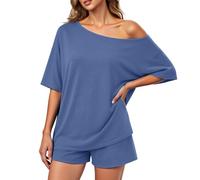 Generisch Set da donna con top e pantaloncini, casual in due pezzi per le domeniche rilassate o come comodo completo da casa., Stile_m02 blu, XXL