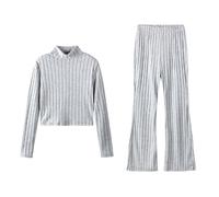 Generisch Set da donna in due pezzi a maglia con crop top e pantaloni a zampa, set lounge attillato in maglia a coste | tuta alla moda per un look elegante, Stil_a04 Grigio, S