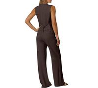Generisch Set da donna in due pezzi, alla moda, senza maniche, con scollo a V, con abbottonatura e pantaloni lunghi, tinta unita, elegante, estivo, per tutti i giorni, ufficio, viaggi, casual, caffè