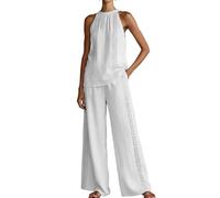 Generisch Set da donna in due pezzi composto da top allacciato al collo e pantaloni palazzo. Un elegante set per un matrimonio estivo, una cena o come elegante outfit per le vacanze., Stile_a05 bianco