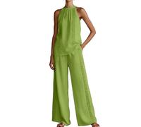 Generisch Set da donna in due pezzi composto da top allacciato al collo e pantaloni palazzo. Un elegante set per un matrimonio estivo, una cena o come elegante outfit per le vacanze., Stile_a01 verde