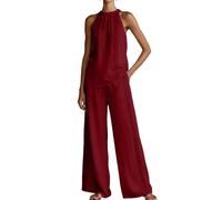 Generisch Set da donna in due pezzi composto da top allacciato al collo e pantaloni palazzo. Un elegante set per un matrimonio estivo, una cena o come elegante outfit per le vacanze., Stile_a04 rosso