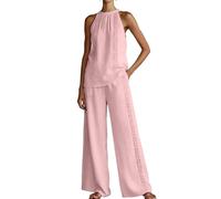 Generisch Set da donna in due pezzi composto da top allacciato al collo e pantaloni palazzo. Un elegante set per un matrimonio estivo, una cena o come elegante outfit per le vacanze., Stile_a03 rosa