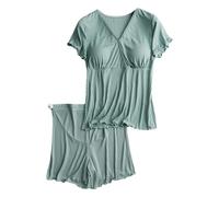 Generisch Set da donna in due pezzi, elegante, con scollo a V e gamba larga, per la casa, l'estate, 2 pezzi, per il tempo libero, verde, 3XL