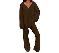 Generisch Set da donna per autunno e inverno, lavorato a maglia, tinta unita, per il tempo libero, con scollo a V, con gamba larga, per il tempo libero, 2 pezzi, outdoor, casual, marrone, L