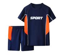 Generisch Set da nuoto sportivo in due pezzi per ragazzi | Rashguard manica corta e costume da bagno con stampa lettere, Blu, 7-8 Anni