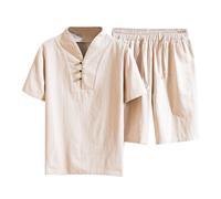 Generisch Set da uomo per il tempo libero, in cotone e lino, due pezzi, con camicia a maniche corte, pantaloncini sportivi, taglie forti, abbigliamento estivo comodo per tutti i giorni e viaggi, cachi