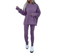 Generisch Set di 2 felpe e leggings, per abbigliamento da donna, a maniche lunghe, con spacco laterale, da jogging, da allenamento, Lilla, L