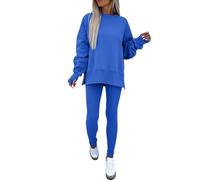 Generisch Set di 2 felpe e leggings, per abbigliamento da donna, a maniche lunghe, con spacco laterale, da jogging, da allenamento, Blu, L
