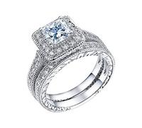 Generisch Set di 2 paia di anelli Princess Cut Set di anelli di lusso per donne di fidanzamento e matrimonio, 9, Metallo, Nessuna pietra preziosa