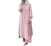 Generisch Set di 2 pezzi musulmani da donna, a maniche lunghe, con bottoni a maniche lunghe, Abaya, casual, Dubai, Colore: rosa., M