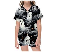 Generisch Set di 2 pigiama da bambina con stampa grafica divertente camicia a maniche corte pantaloncini comodo pigiama in cotone per bambini ragazze pigiameria, Nero , 4-5 Jahre