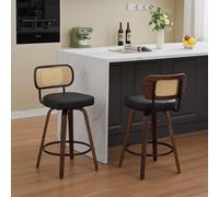 Generisch Set di 2 sgabelli da bar da 66 cm, altezza della seduta in rattan, schienale imbottito, girevole a 360°, in legno massello, noce, nero, per isola della cucina, bancone e sala da pranzo