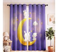 Generisch Set di 2 tende oscuranti a tema fiabe, 213 x 132 cm (altezza x | Tende oscuranti con occhielli, motivo coniglio, luna, stelle, nuvole, colore viola, per cameretta dei bambini