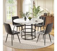 Generisch Set di 5 tavoli da pranzo rotondi con 4 sedie in velluto, diametro 100 cm, in MDF bianco e sedie grigie, struttura in metallo stabile per sala da pranzo o cucina
