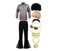 Generisch Set di 9 pezzi con glitter da uomo con paillettes anni '70 anni '80, costume da discoteca, camicia a maniche lunghe e pantaloni a zampa con parrucca, occhiali, collana e copricapo