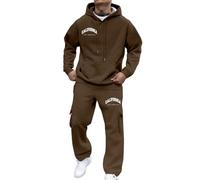 Generisch Set di abbigliamento da uomo blu, tuta da ginnastica con stampa e cappuccio, comodo pullover, abbigliamento da jogging, elegante set in due pezzi adatto, cavo di alimentazione, marrone, M