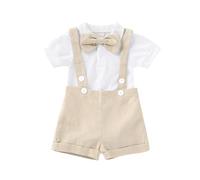 Generisch Set di abbigliamento per bambini, per bambini, set formale, a maniche corte, con bretelle per pantaloni, papillon per matrimonio, smoking abiti, abbigliamento per bambini, beige., 3-6 Mesi