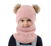 Generisch Set di berretto invernale per bambini con sciarpa e guanti foderati in pile, con pompon, scaldacollo e guanti, Colore: rosa., 2-10