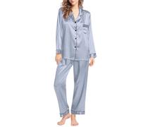 Generisch Set di biancheria da notte da donna in seta, a maniche lunghe, oversize, con colletto rovesciato, pigiama, tasca sul petto, pigiama, confezione da 2 pezzi, pantaloni larghi, pigiama in seta