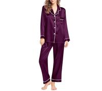 Generisch Set di biancheria da notte da donna in seta, a maniche lunghe, oversize, con colletto rovesciato, pigiama, tasca sul petto, pigiama, confezione da 2 pezzi, pantaloni larghi, pigiama in seta