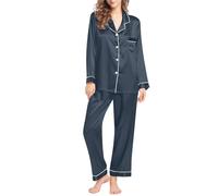 Generisch Set di biancheria da notte da donna in seta, a maniche lunghe, oversize, con colletto rovesciato, pigiama, tasca sul petto, pigiama, confezione da 2 pezzi, pantaloni larghi, pigiama in seta