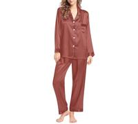 Generisch Set di biancheria da notte da donna in seta, a maniche lunghe, oversize, con colletto rovesciato, pigiama, tasca sul petto, pigiama, confezione da 2 pezzi, pantaloni larghi, pigiama in seta