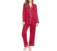 Generisch Set di biancheria da notte da donna in seta, a maniche lunghe, oversize, con colletto rovesciato, pigiama, tasca sul petto, pigiama, confezione da 2 pezzi, pantaloni larghi, pigiama in seta