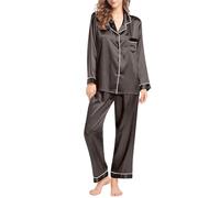 Generisch Set di biancheria da notte da donna in seta, a maniche lunghe, oversize, con colletto rovesciato, pigiama, tasca sul petto, pigiama, confezione da 2 pezzi, pantaloni larghi, pigiama in seta