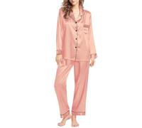 Generisch Set di biancheria da notte da donna in seta, a maniche lunghe, oversize, con colletto rovesciato, pigiama, tasca sul petto, pigiama, confezione da 2 pezzi, pantaloni larghi, pigiama in seta