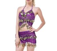 Generisch Set di costumi da donna con paillettes e frange - Danza del ventre, top e minigonna con nappe glitterate, per feste sexy e carnevale (imbottitura integrata)