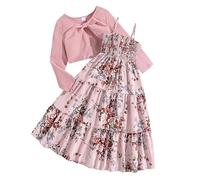 Generisch Set di due pezzi con abito floreale senza maniche, cardigan a maniche lunghe per la primavera e abbigliamento da gioco casual per bambini nella vita di tutti i giorni, Colore: rosa., 10-11