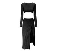 Generisch Set di due pezzi da donna in maglia a coste - Combinazione di top a maniche lunghe e gonna midi con spacco | Vestito aderente Cut-Out per un look moderno, Stil_n01 Nero, XL