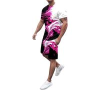 Generisch Set di due pezzi di maglietta a maniche corte e pantaloncini da uomo con stampa continua, camicia con stampa erotica e pantaloni a quarto, rosa intenso, XXL