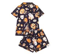 Generisch Set di Halloween da donna con camicia a maniche corte, abbottonatura frontale, pantaloncini abbinati, abbigliamento da salotto per ogni stagione, comodo abbigliamento casual in stile