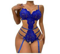 Generisch Set di lingerie da donna con chiusura a bottone, body in pizzo con V profondo, pizzo Teddy, push-up, mini gonna, Blu, XL