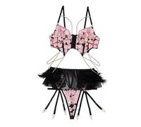 Generisch Set di lingerie da donna con piume e catenine, 3 pezzi, reggiseno, perizoma e reggicalze con motivo a cuore, stravagante biancheria intima per occasioni speciali, Stil_w01 rosa, XXL
